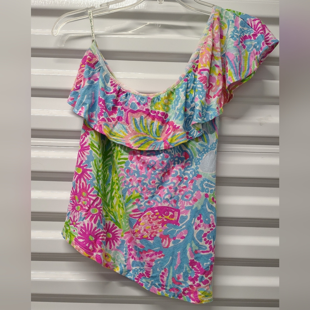 LILLY PULITZER NEVEAH RUFFLE ONE SHOULDER TOP SEASPRAY BLUE LOVERS sz XS - Picture 3 of 3